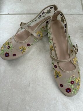 Beige Embroidered Mary Jane Flats with Floral Detail